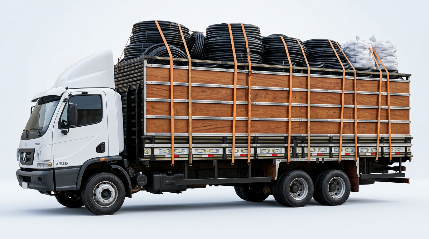 Caminhão truck SAN-PLAST carregado com rolos de mangueira PEBD